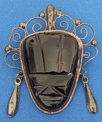 Vintage Mexican silver & carved obsidian 2" x 2 1/4" mask