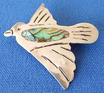 Hand tooled abalone bird pin, 1 1/2" HECHO TAXCO 925 artisan stamped