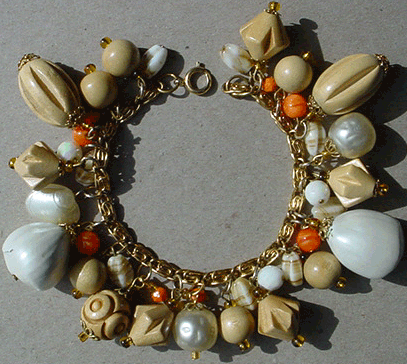 Vintage carved wood beads, faux pearl, sea shell seed & glass bead necklace