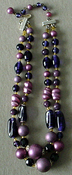 Purple glass bead, faux pearl & black crystal bead necklace