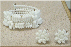 White glass bead coil bracelet with screw back earrings
